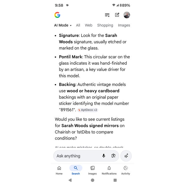 All Original 1950's Made in Usa Solid Wood Carolina Co. Beveled Mirror Signed Sarah Woods Model#891561 With Pontil Mark 23.5×31.5 Inches All Original For Sale - Image 9 of 9