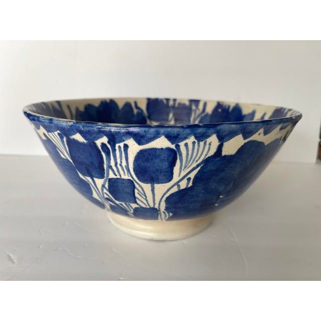 Mexican Large Vintage Mexican Blue and Ivory Talavera Pottery Bowl For Sale - Image 3 of 15