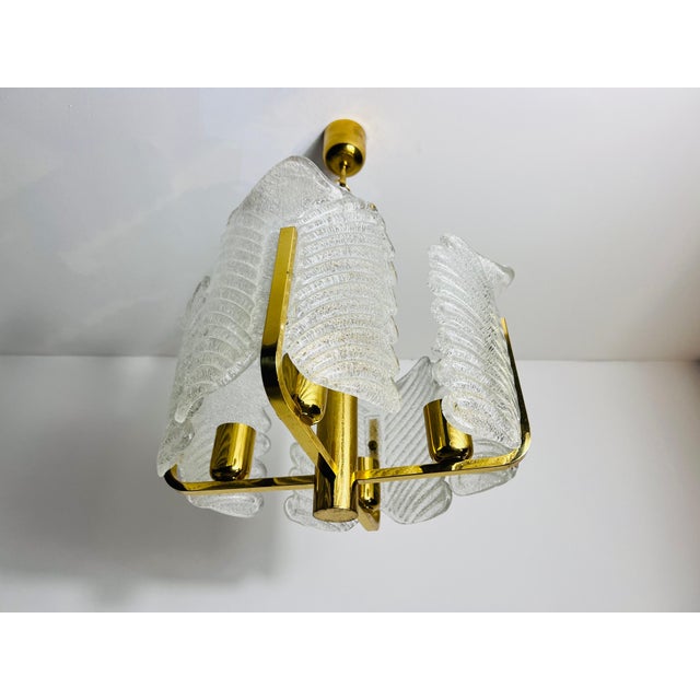 Metal Large Rare Midcentury 4-Arm Brass and Ice Glass Chandelier, 1960s For Sale - Image 7 of 11