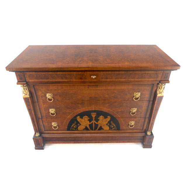 Bronze Mounts & Pulls Burl Wood Inlay Neoclassical 4 Drawers 48" Dresser MINT! For Sale - Image 13 of 14