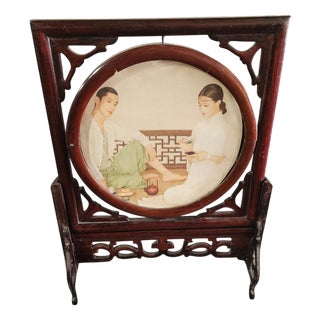 Japanese Style Table Screen with Original Print and Embroidery For Sale