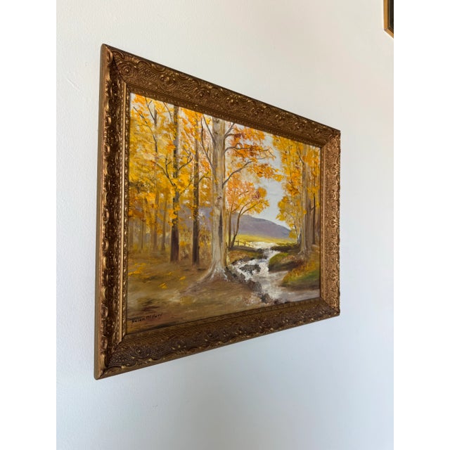 Serene and nostalgic, this 1970s vintage Impressionist-style oil painting by Helen Milford captures a tranquil autumn...