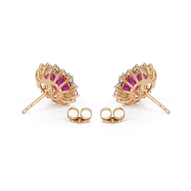 18k Gold 4.86ct Vivid Red Ruby & 1.04ct Diamond Halo Sunburst Stud Earrings- 2 Pieces For Sale - Image 9 of 16