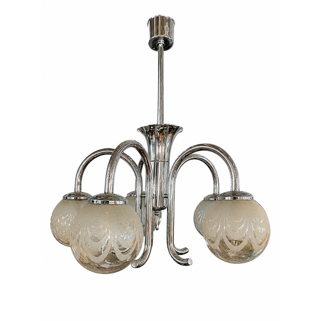 Art Deco Five-Light Chrome Chandelier with Etched Glass Globes, 1940s For Sale - Image 4 of 8