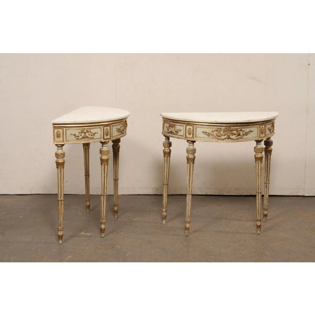 A Pair - 18th Century Italian Marble Top, Gilt Demi-Lunes For Sale - Image 11 of 12