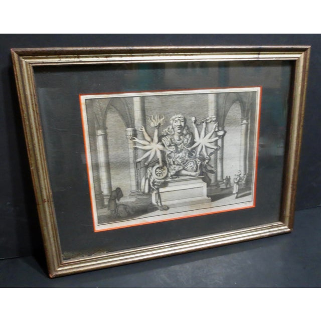 Engraving book illustration of the Indian temple and the figure inside. Illustrated by the imagination of the written...