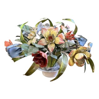 Vintage Italian Tole Flowers / Floral Bouquet Arrangement Sculpture in Pot, Made in Italy For Sale
