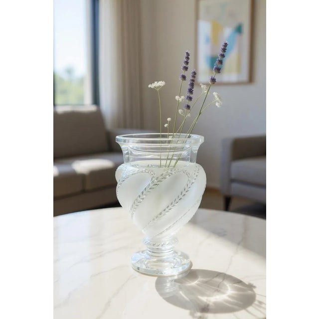 Art Nouveau Lalique Ermenonville Frosted Crystal Vase-1950s-France-Leaf Vine-Glass-Bulbous For Sale - Image 3 of 8