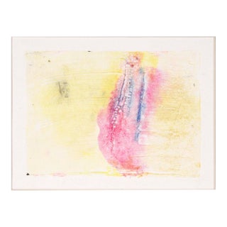 Blue and Pink on Yellow - Textured Transfer Monotype in Oil on Paper by Heather Speck For Sale