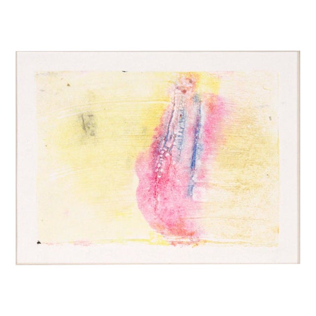 Blue and Pink on Yellow - Textured Transfer Monotype in Oil on Paper by Heather Speck For Sale