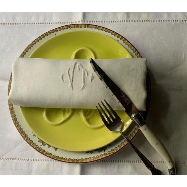 White Antique French Damask Linen Napkins, Monogrammed Vt, Iris & Floral Damask, Set of 4 | C. 1900 For Sale - Image 8 of 17