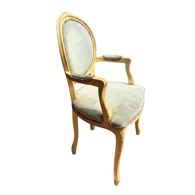 1950s French Louis XVI Style Dining Chairs and Armchairs in Faded Teal Floral Upholstery, 1950s, Set of 8 For Sale - Image 5 of 11