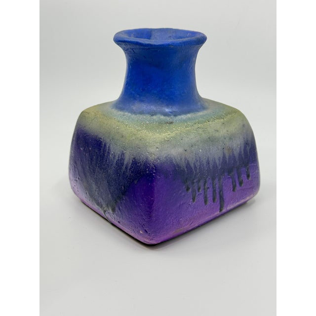 Beautiful Blue Drip Glazed Fantoni Square Fantoni Vase For Sale In Palm Springs - Image 6 of 14
