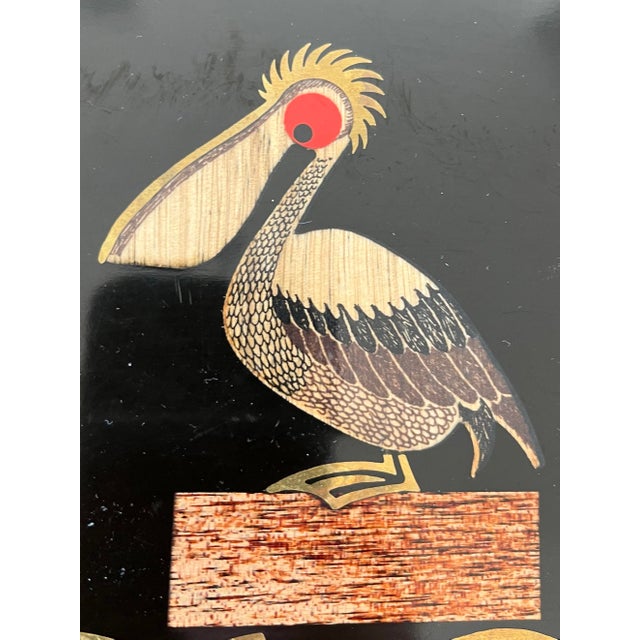 Mid-Century Modern Mid 20th Couroc of Monterey Resin Tray With Stained Wood, and Brass Inlaid Pelican For Sale - Image 3 of 9