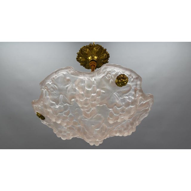 Metal French Light Pink Frosted Glass Pendant Light with Grapes Vines by Verdun, 1930s For Sale - Image 7 of 18
