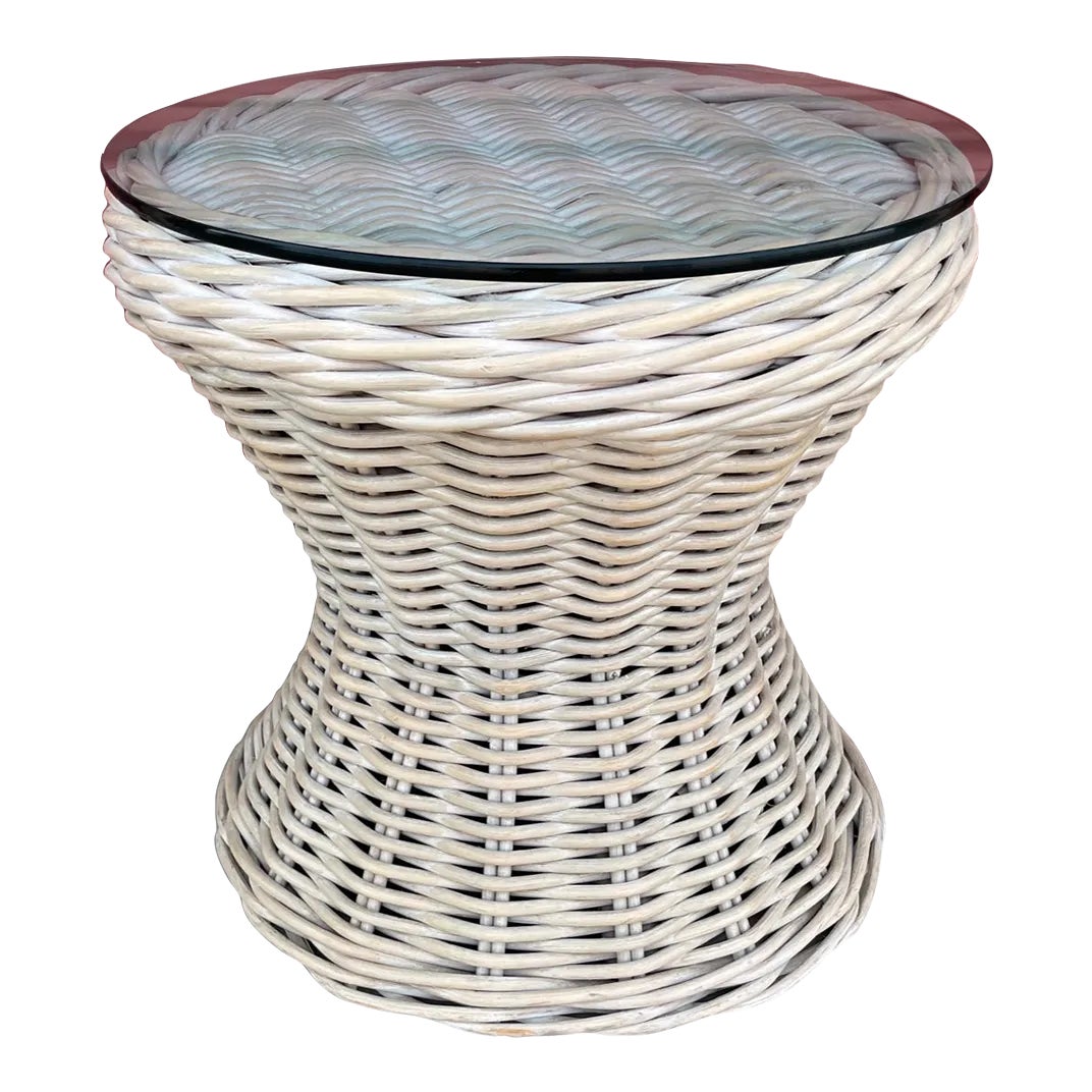 Whitewash Thick Woven Rattan Glass Top Accent Table | Chairish
