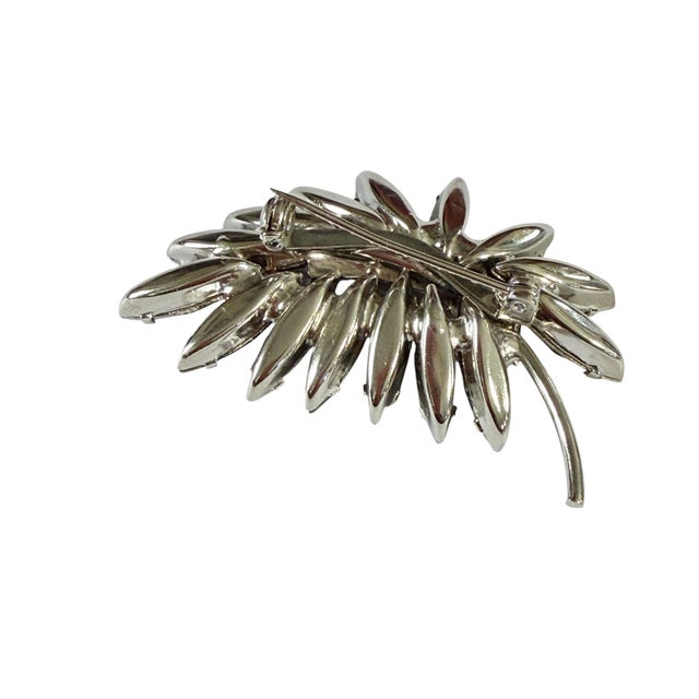 Vintage White Gold Tone Rhinestone Brooch Floral Leaf Cluster Pin W/Faux Marquise Crystal For Sale In New York - Image 6 of 6