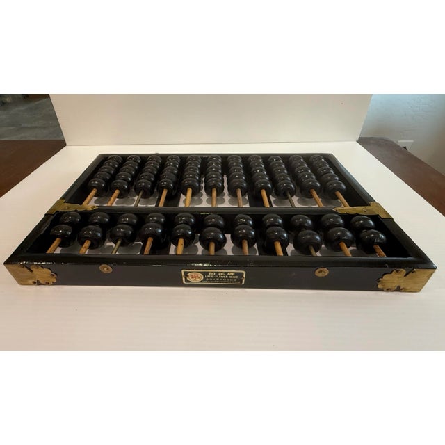 Black Vintage Chinese Lotus-Flower Brand Suanpan Abacus With Brass Accents Brass 11 Rows 77 Beads For Sale - Image 8 of 12