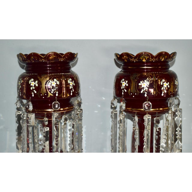 Antique Victorian Bohemian Pair of Cranberry/Ruby Glass Mantel Lusters For Sale - Image 9 of 12