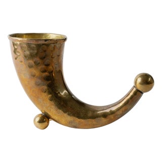 Vintage Brass Horn Vase in Hand-Carved Brass, 1930s For Sale