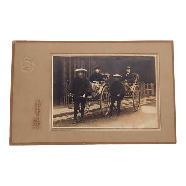 Early 20th Century Rickshaw Cabinet Card Nagasaki Japan European American White Man Woman Historical Image For Sale