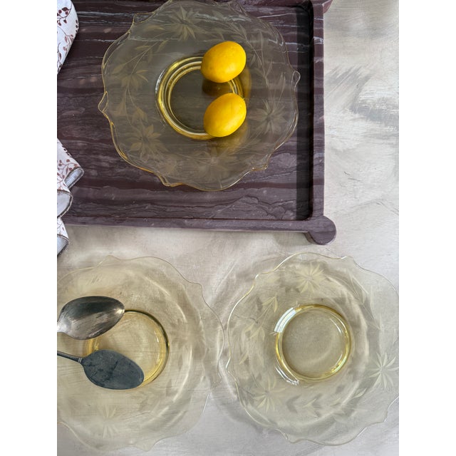 Vintage Attributed to Hazel-Atlas Amber Depression Glass Etched Plates Floral Star Pattern 7 Inch - Set of 4 For Sale - Image 11 of 12