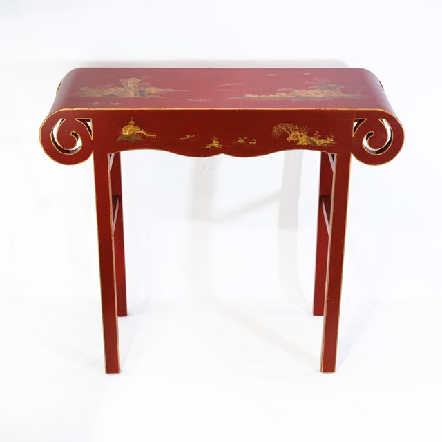 Vintage Chinese Red Lacquer Console Table With Gilt Landscape Scenery and Scroll Ends For Sale - Image 18 of 18
