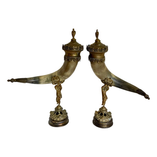 Pair of 19th C. Brass and Horn Cherub Trophy Beer Steins Mantel Cornucopias For Sale