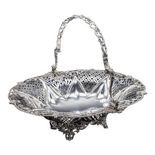Vintage Decorative Cake Basket, English, Silver Plate, Fruit Dish, Mid Century For Sale
