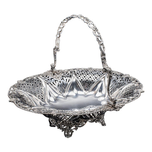 Vintage Decorative Cake Basket, English, Silver Plate, Fruit Dish, Mid Century For Sale