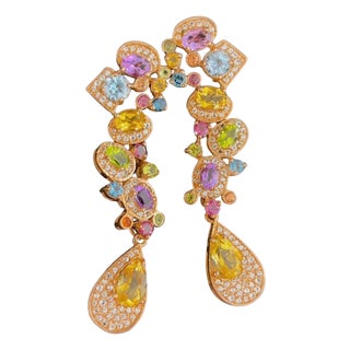 Bochic Vintage Cascading "Capri" Multi Natural Gem Earrings 18K Gold & Silver For Sale
