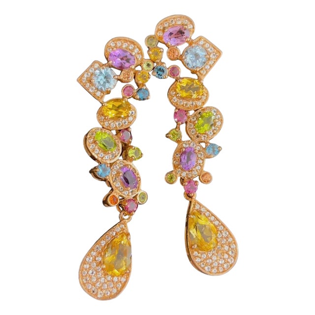 Bochic Vintage Cascading "Capri" Multi Natural Gem Earrings 18K Gold & Silver For Sale