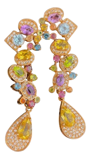 Bochic Vintage Cascading "Capri" Multi Natural Gem Earrings 18K Gold & Silver