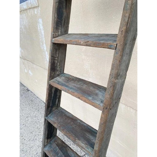 Antique French Rustic Primitive Green Distress Painted Wooden Barn Ladder For Sale - Image 4 of 11
