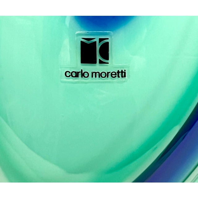 Aqua Carlo Moretti Murano Art Glass Vase Aqua Teal Cobalt Swirl Signed Labeled For Sale - Image 8 of 9
