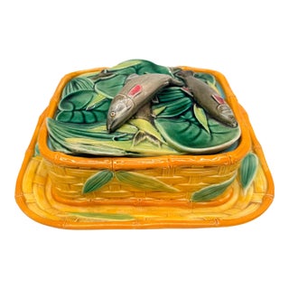 A Victoria Pottery Majolica Yellow Basketweave Sardine Box, English, Ca. 1882 For Sale