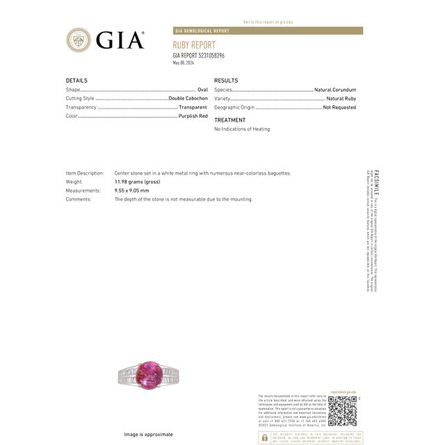 Gia Certified No Indication of Heating Burma Cabochon Ruby Diamond Platinum Ring, Size 5 For Sale - Image 4 of 9