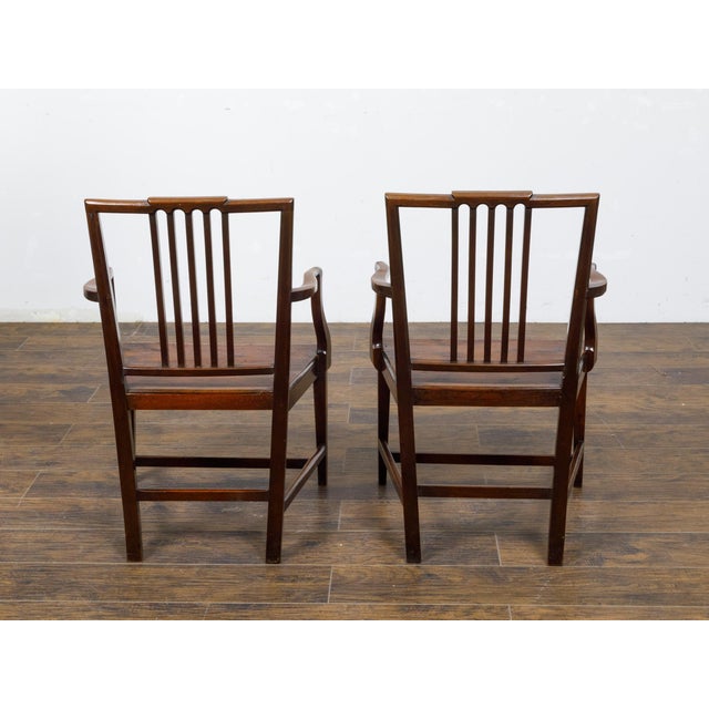 Wood Pair of English Early 19th Century Plank Seat Chairs with Scrolling Arms For Sale - Image 7 of 12