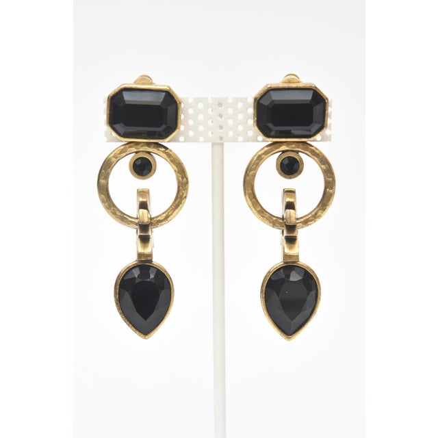 Modern Vintage Black Glass and Gold Plated and Hammered Dangler Clip on Earrings 1980's Pair Of For Sale - Image 3 of 8