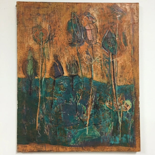 A mid century original oil on canvas abstract impressionist art by Sara Brion. Perfect in any room!