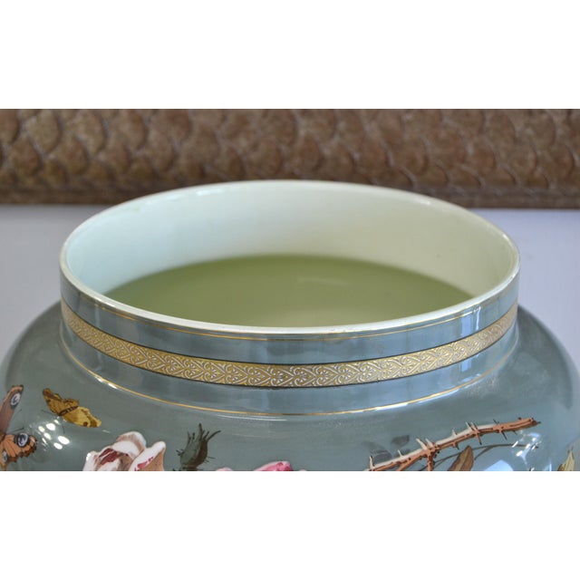 Large Early 19th Century Hand Painted Ceramic Jardiniere Bowl Butterfly Flowers For Sale - Image 4 of 11