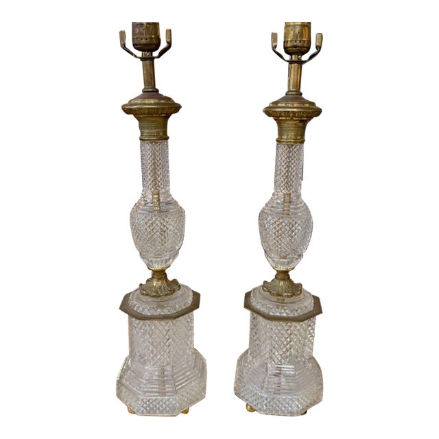 Pair of French Cut Crystal Lamps For Sale