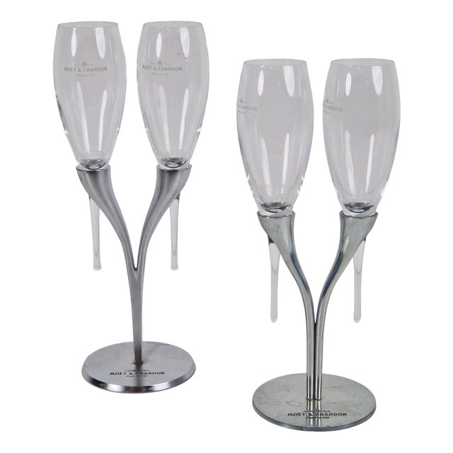 Crystal Champagne Flutes in Holder by Philippe Di Meo for Moët & Chandon, 1980s, Set of 2 For Sale