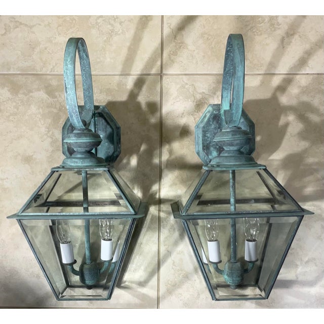 Pair of Vintage Solid Brass Lanterns - 9” X 9” X 18” High For Sale In Miami - Image 6 of 10
