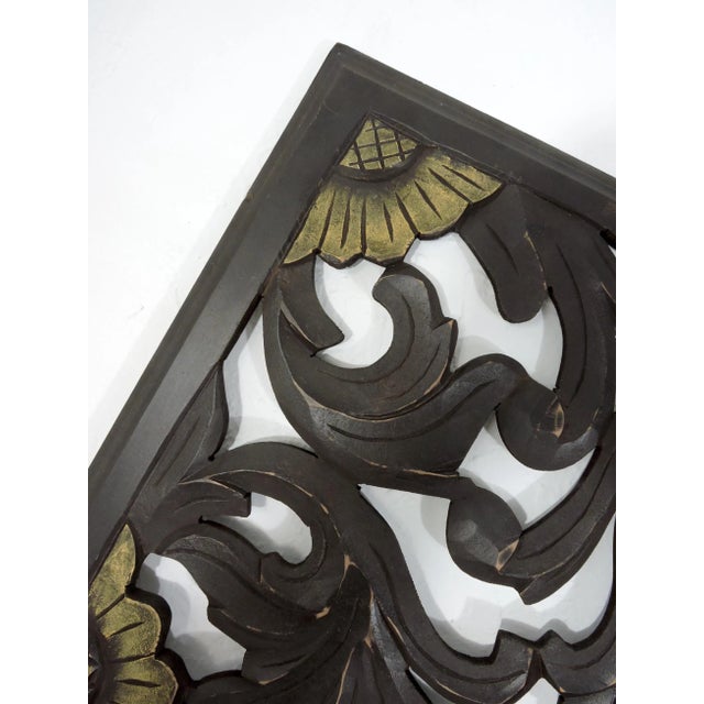 Shabby Chic Large Ornate Dark Brown Asian Distressed Sculptural Carved Wood Wall Panel With Gold Flowers For Sale - Image 3 of 5
