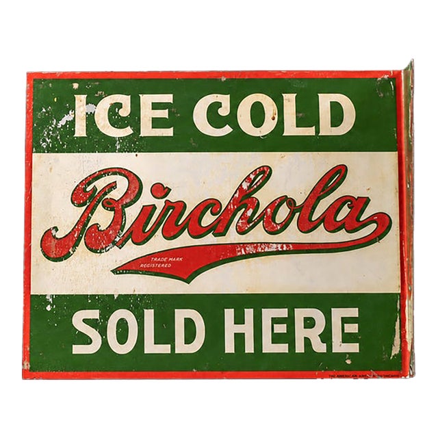 Vintage Double-Sided Tin Litho Birchola Flange Sign For Sale