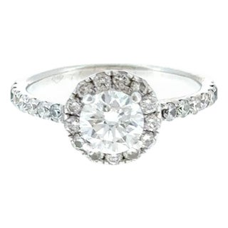 18k White Gold Round Brilliant Diamond Halo Engagement Ring 0.90ctw G Vs2 Size 4 For Sale