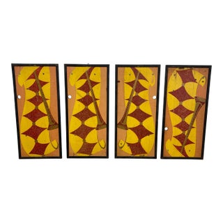 Vintage Mid-Century Modern Geometric Wall Panels, Set of Four, Orange and Yellow Abstract Wall Art For Sale