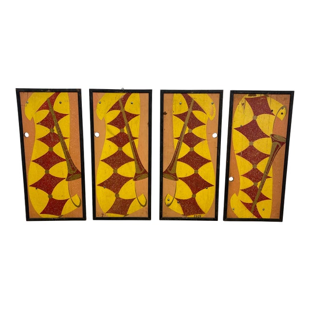 Vintage Mid-Century Modern Geometric Wall Panels, Set of Four, Orange and Yellow Abstract Wall Art For Sale