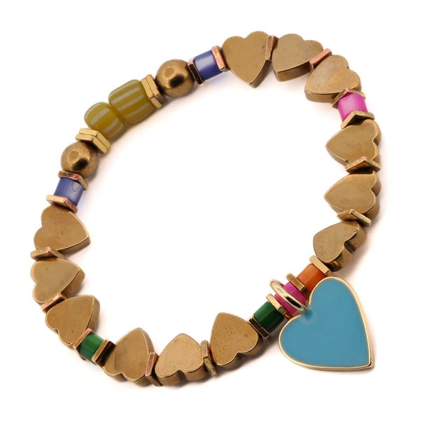 Asian Blue Heart Charm Gold Beaded Bracelet For Sale - Image 3 of 6